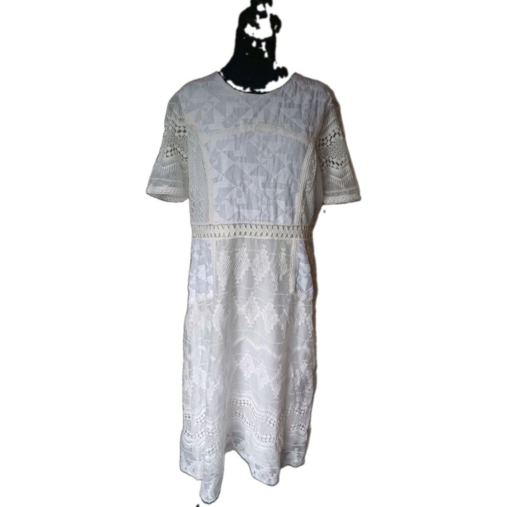 Eri + Ali Anthropology Women's 14 Ivory Lacy Short Sleeve Midi Dress, NWOT